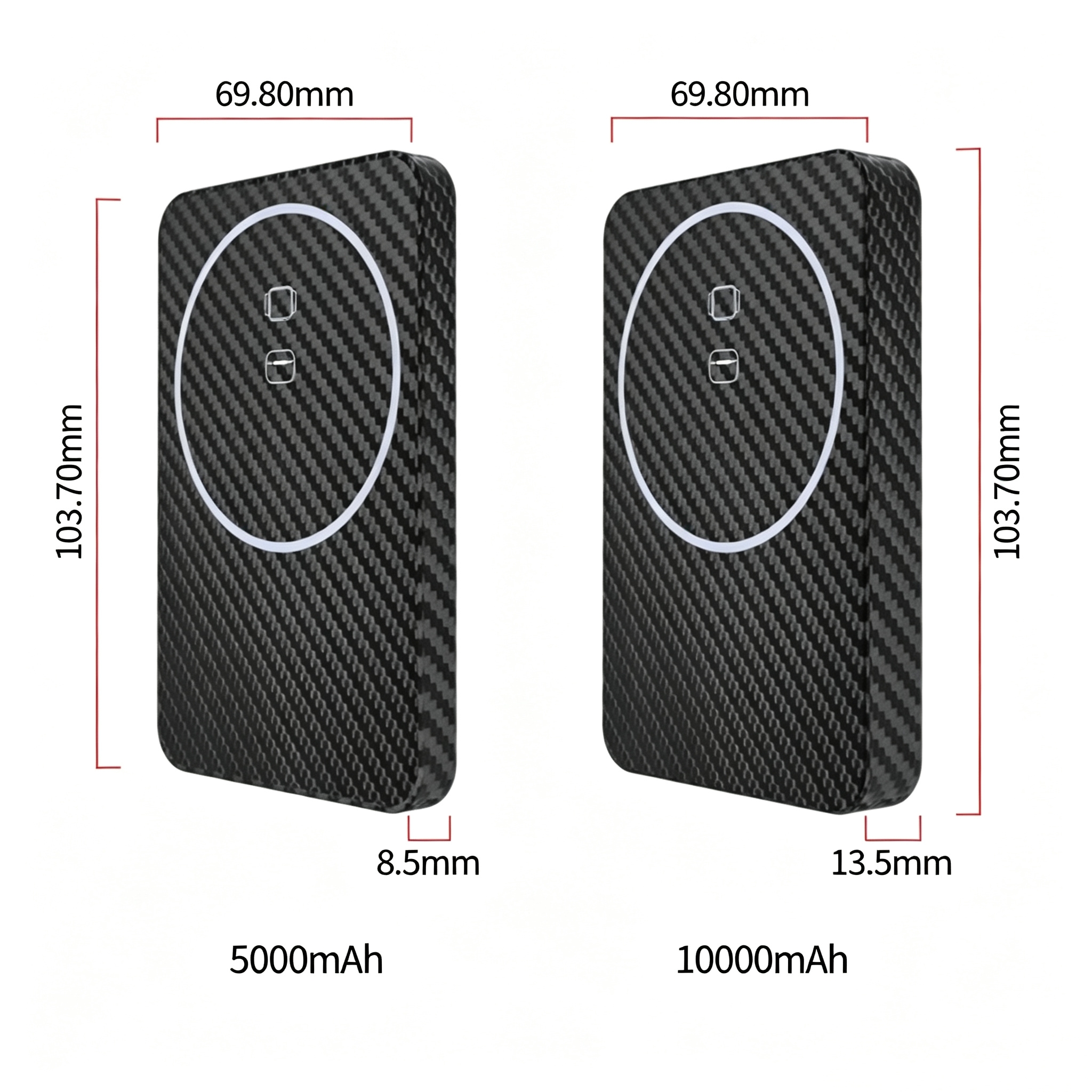 Full Carbon Fiber Magnetic Power Bank dimensions — 103.5 × 69 × 8.5 mm